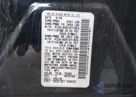 2007 Nissan Murano S z USA, uszkodzony, nr VIN JN8AZ08W77W602425